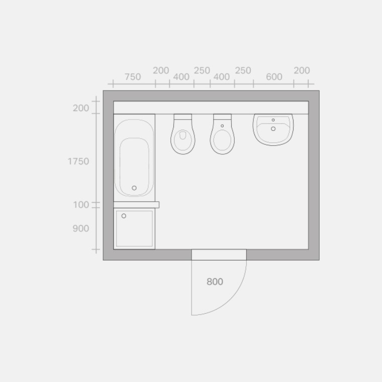 Umbaumöglichkeiten eines Bades, Ausgangssituation, Zeichnung in Anlehnung an VDI 6000 Blatt 1 (02/2008)