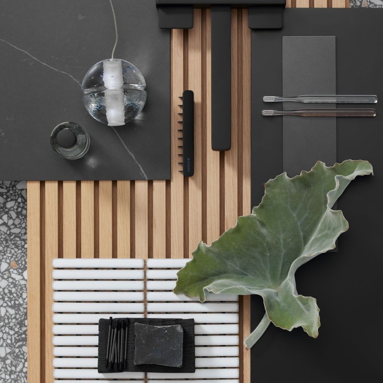 Moodboard mit Badaccessoires in schwarz der Serie Geberit ONE. Moodboard mit Badaccessoires in schwarz der Serie Geberit ONE.