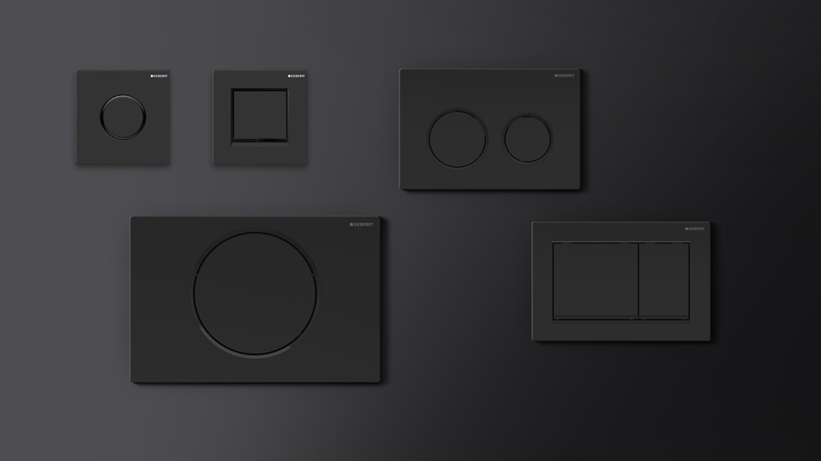 Geberit Betätigungsplatten und Urinalsteuerungen in der Farbe schwarz. Geberit Betätigungsplatten und Urinalsteuerungen in der Farbe schwarz.