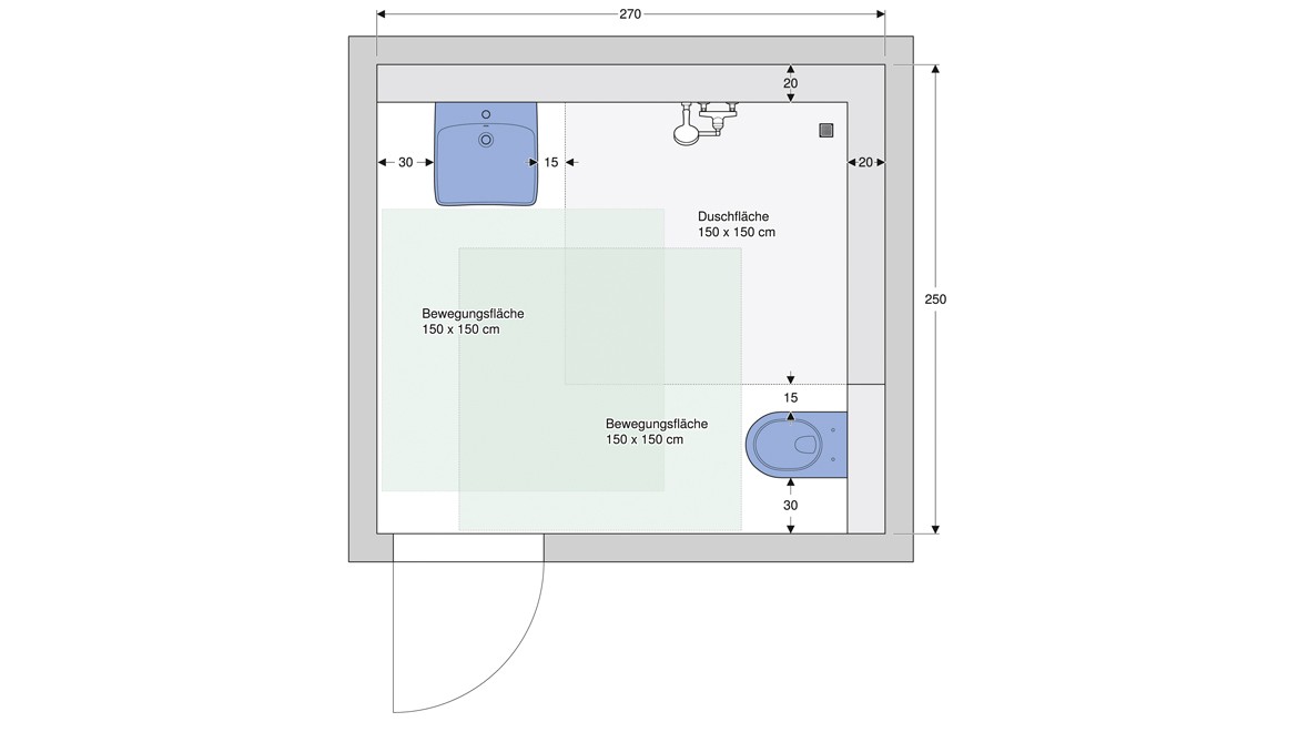 Überschneidende Bewegungsflächen in einem seniorengerechten Bad mit Dusche nach DIN 18040-2.