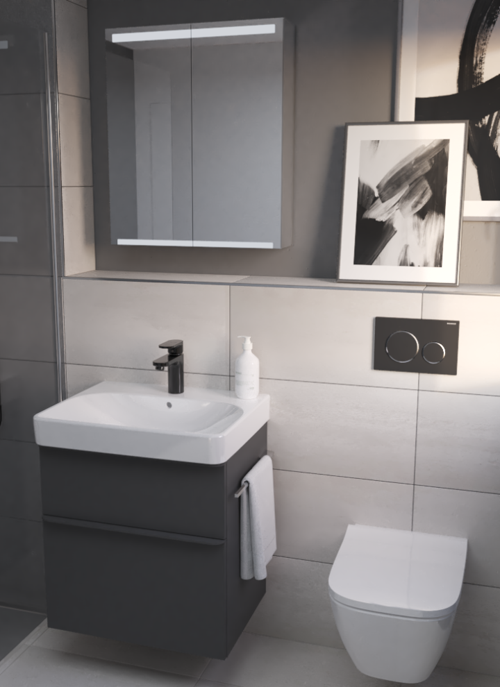 Geberit Smyle Waschtisch mit Unterschrank und Wand-WC Smyle Square mit Betätigungsplatte Sigma20