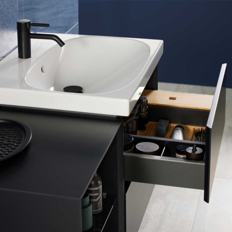 Mix & Match Geberit Acanto Waschbecken mit Geberit ONE Waschtischunterschrank ohne Siphonaussparung