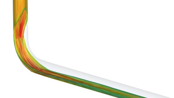 Die CFD-Animation zeigt den geringen Impulsverlust des Flusses im Geberit BottomTurn Bogen Die CFD-Animation zeigt den geringen Impulsverlust des Flusses im Geberit BottomTurn Bogen