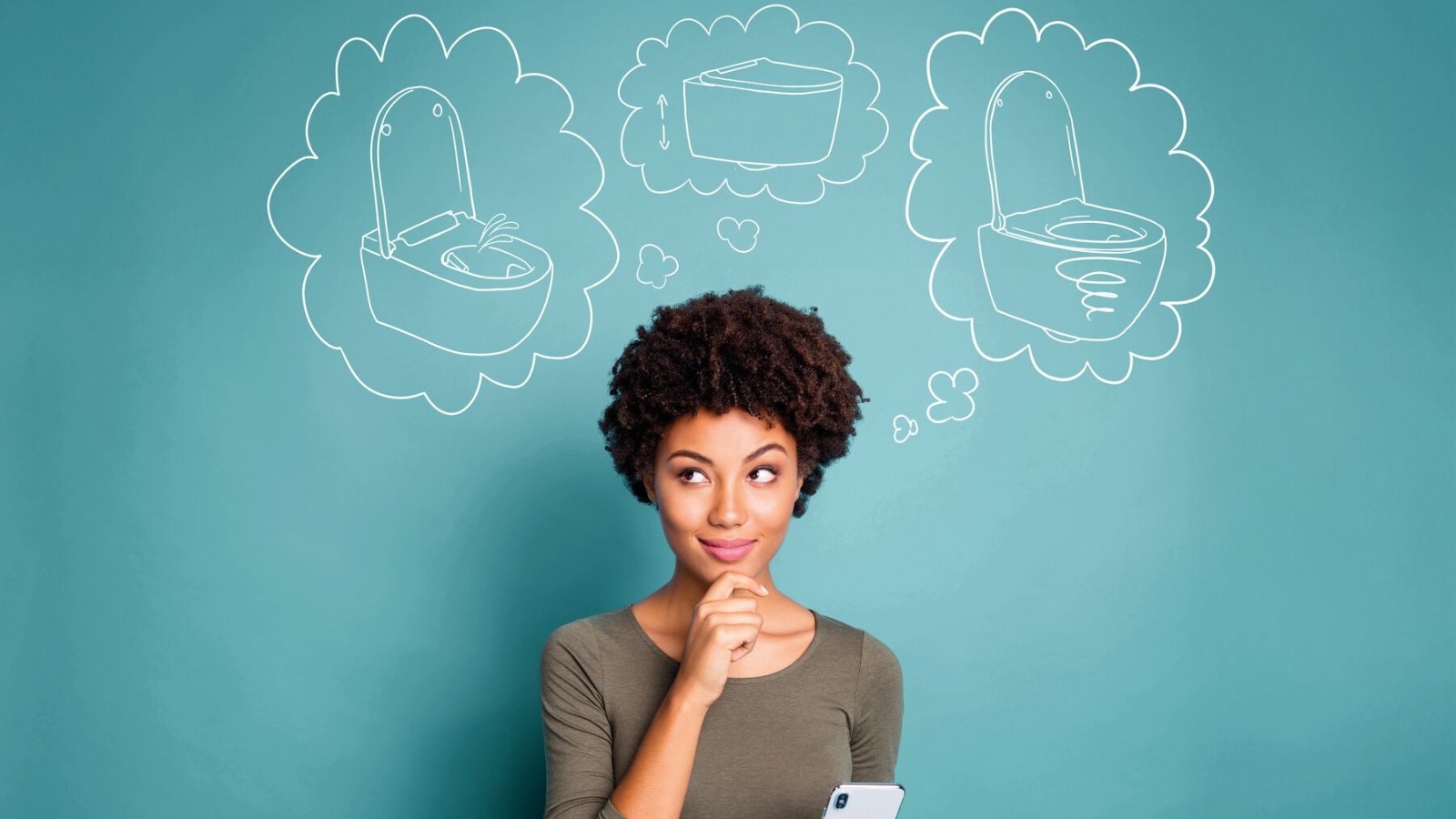 Frau in Gedanken bei ihrem Wunsch-WC