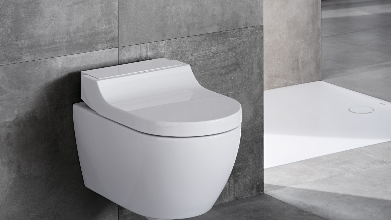 Dusch-WC Geberit AquaClean Tuma Classic in einem grauen Badezimmer Dusch-WC Geberit AquaClean Tuma Classic in einem grauen Badezimmer
