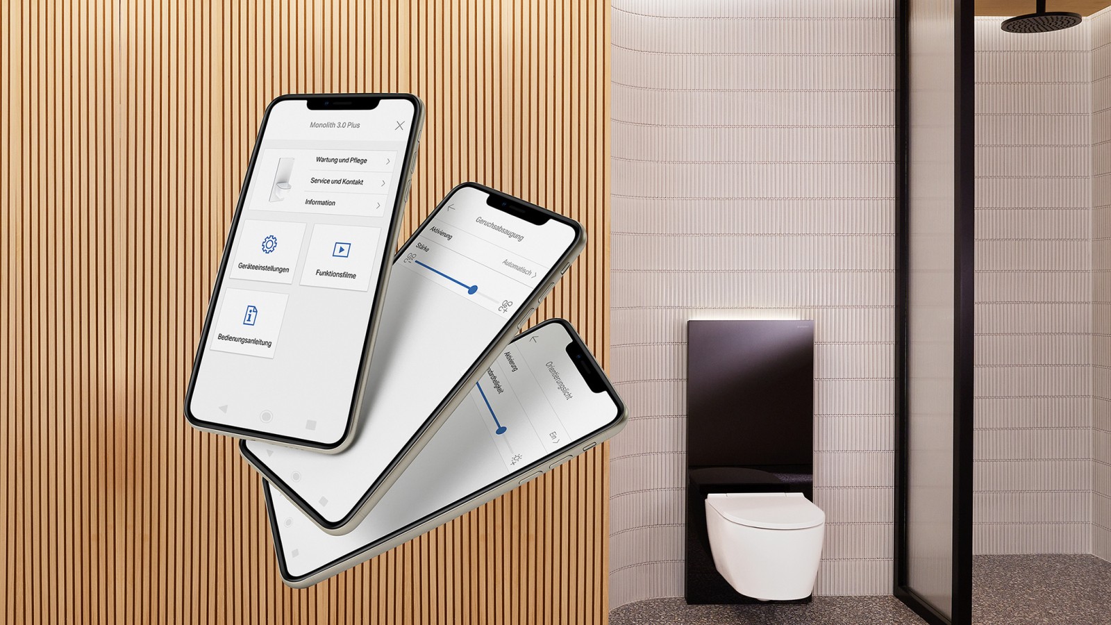 App Geberit Home, um das neue Geberit Monolith Plus Sanitärmodul einzustellen