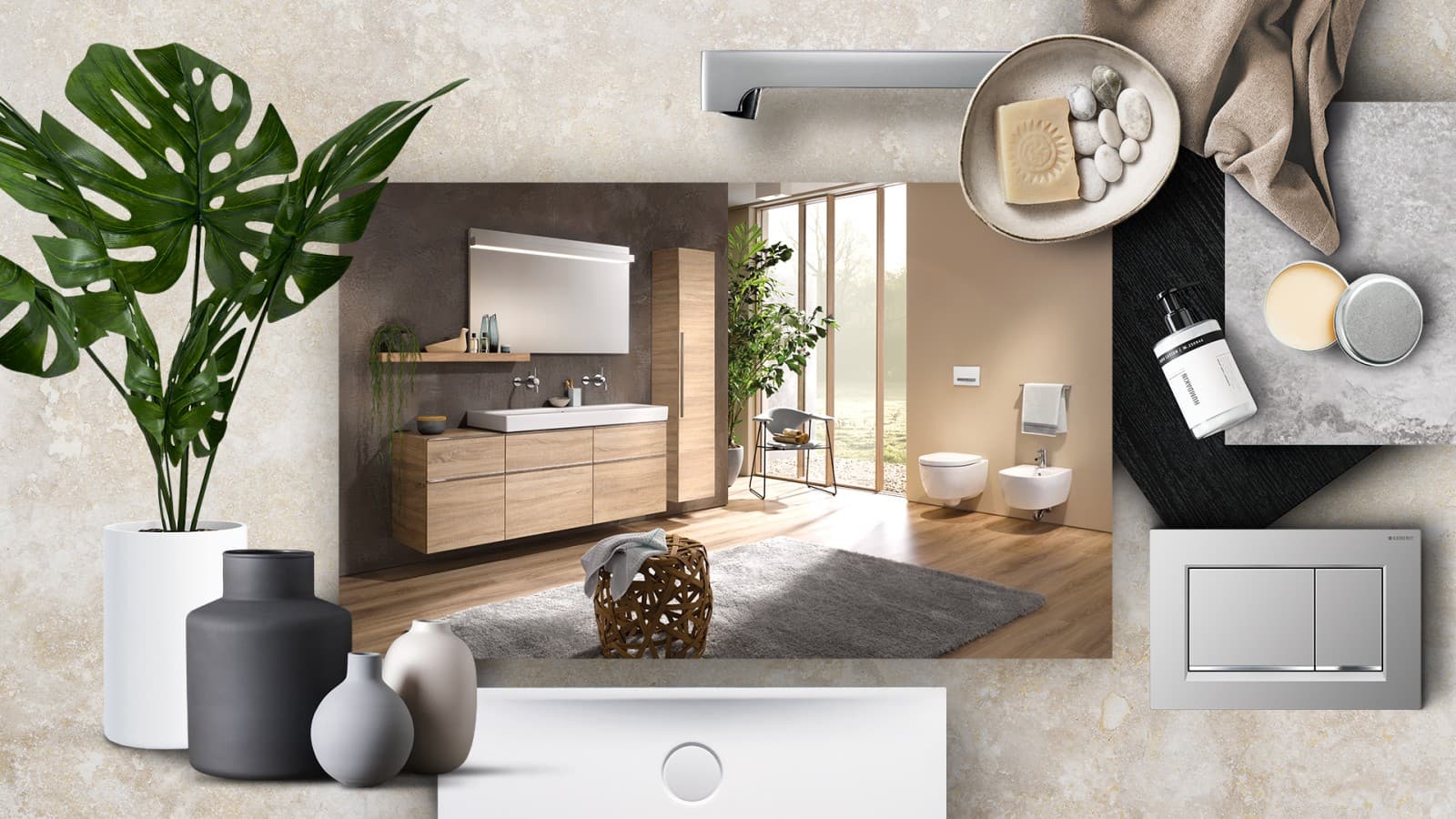 Moodboard "Modern" mit Geberit Badezimmerprodukten Moodboard "Modern" mit Geberit Badezimmerprodukten