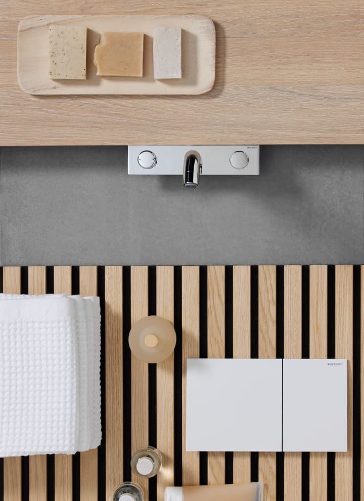 Moodboard mit der Betätigungsplatte Geberit Sigma70 Moodboard mit der Betätigungsplatte Geberit Sigma70