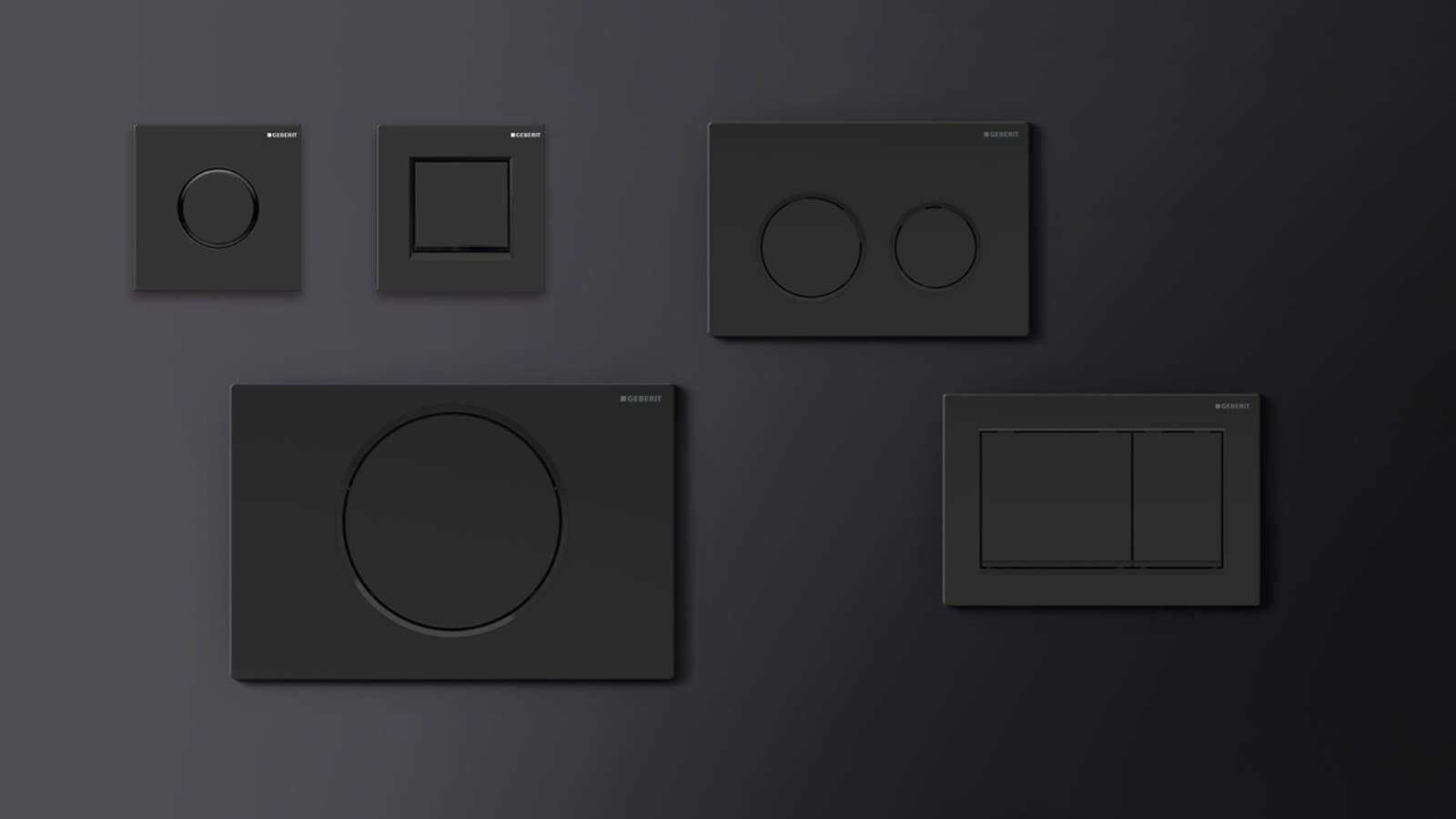 Geberit Betätigungsplatten und Urinalsteuerungen in der Farbe schwarz. Geberit Betätigungsplatten und Urinalsteuerungen in der Farbe schwarz.