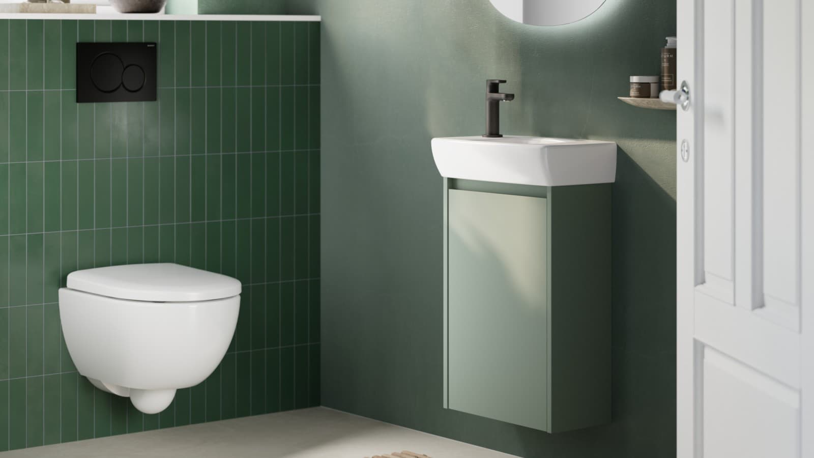 Kleines Bad mit wandhängendem WC und Waschplatz von der Serie Renova Compact.
