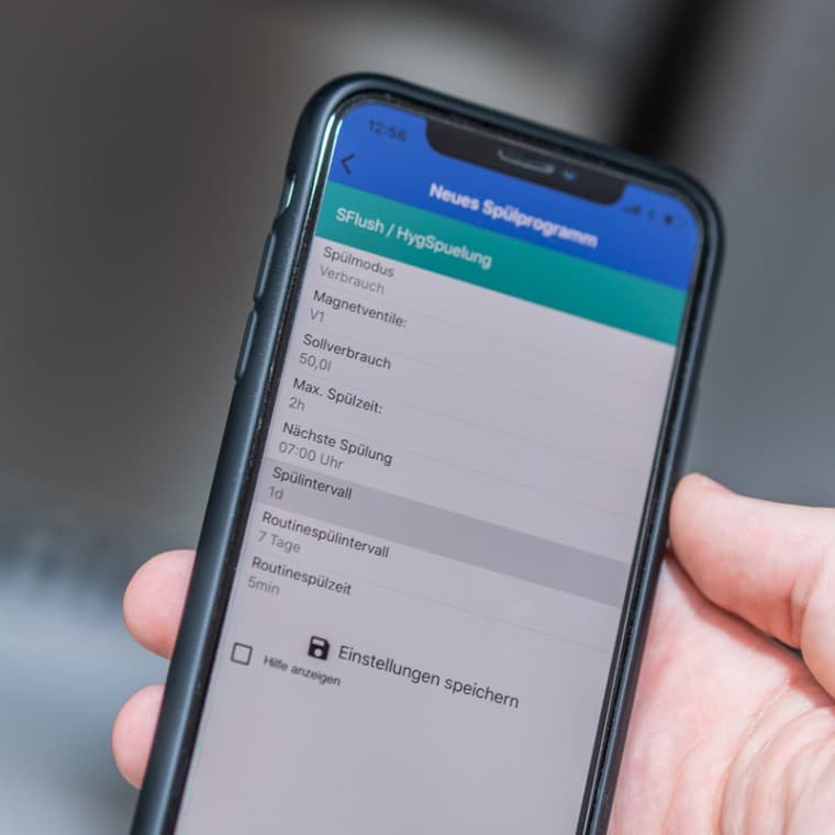 Geberit SetApp, Einstellungen zu Verbrauch, Sollverbrauch sowie Spülzeit und -intervall der Geberit Hygienespülung Geberit SetApp, Einstellungen zu Verbrauch, Sollverbrauch sowie Spülzeit und -intervall der Geberit Hygienespülung