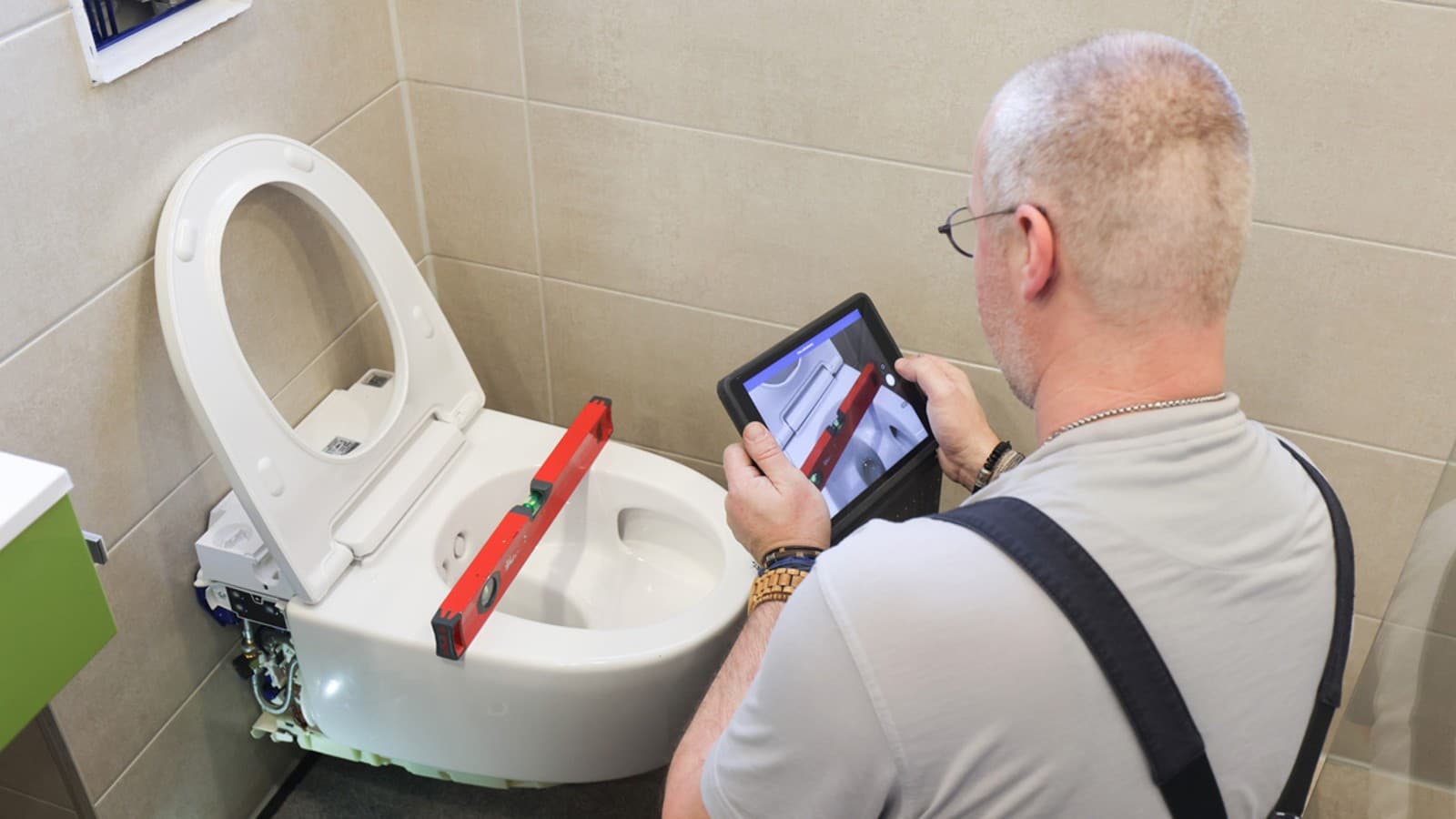 Ausrichtung des Geberit AquaClean Mera Dusch-WCs während der Montage. Ausrichtung des Geberit AquaClean Mera Dusch-WCs während der Montage.