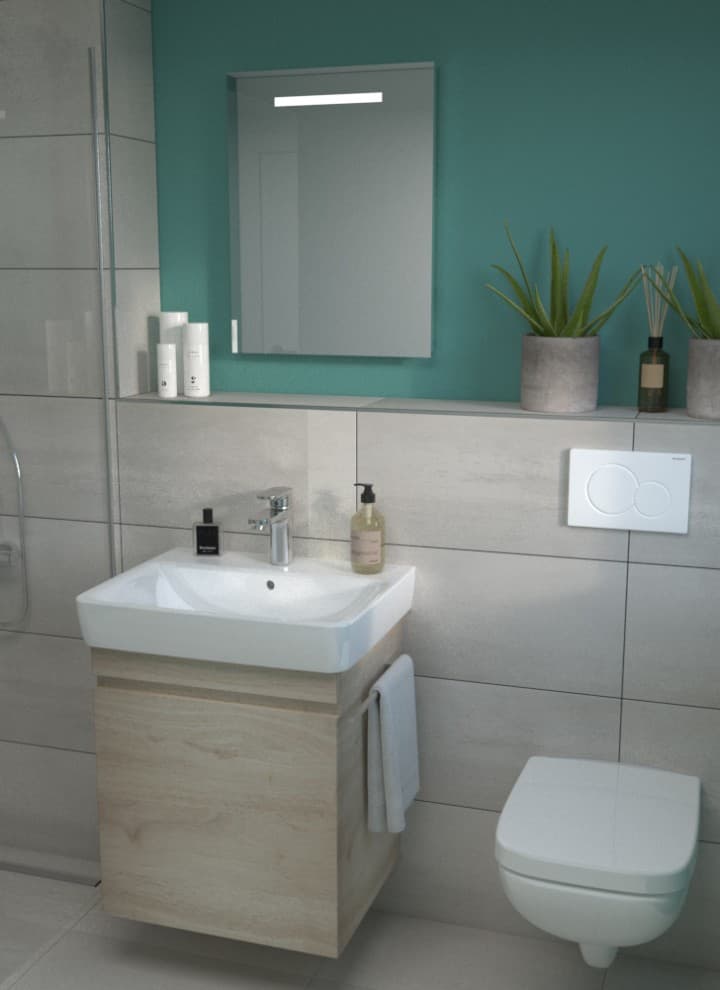 Geberit Renova Plan Waschtisch mit Unterschrank, Wand-WC mit Betätigungsplatte Sigma01 und Duschrinne CleanLine60 Geberit Renova Plan Waschtisch mit Unterschrank, Wand-WC mit Betätigungsplatte Sigma01 und Duschrinne CleanLine60