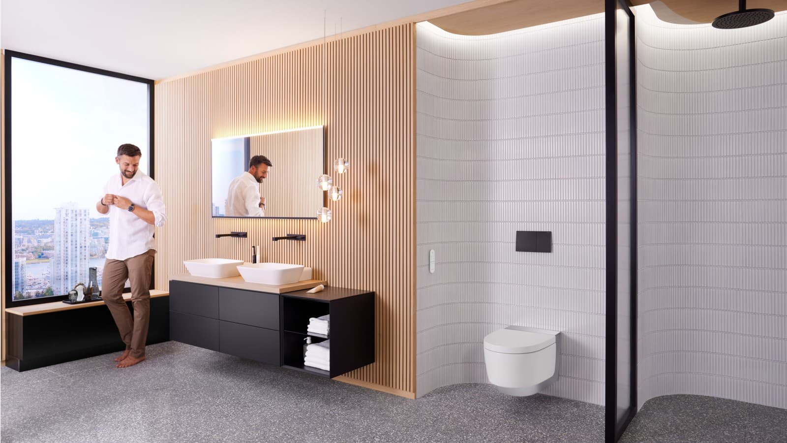 Mann in Geberit ONE Badezimmer mit Geberit AquaClean Mera und Geberit Option Plus Spiegel Mann in Geberit ONE Badezimmer mit Geberit AquaClean Mera und Geberit Option Plus Spiegel