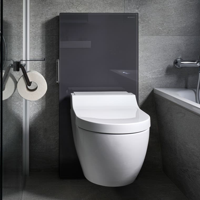 Das Sanitärmodul Geberit Monolith mit einem Geberit AquaClean Tuma Dusch-WC. Das Sanitärmodul Geberit Monolith mit einem Geberit AquaClean Tuma Dusch-WC.