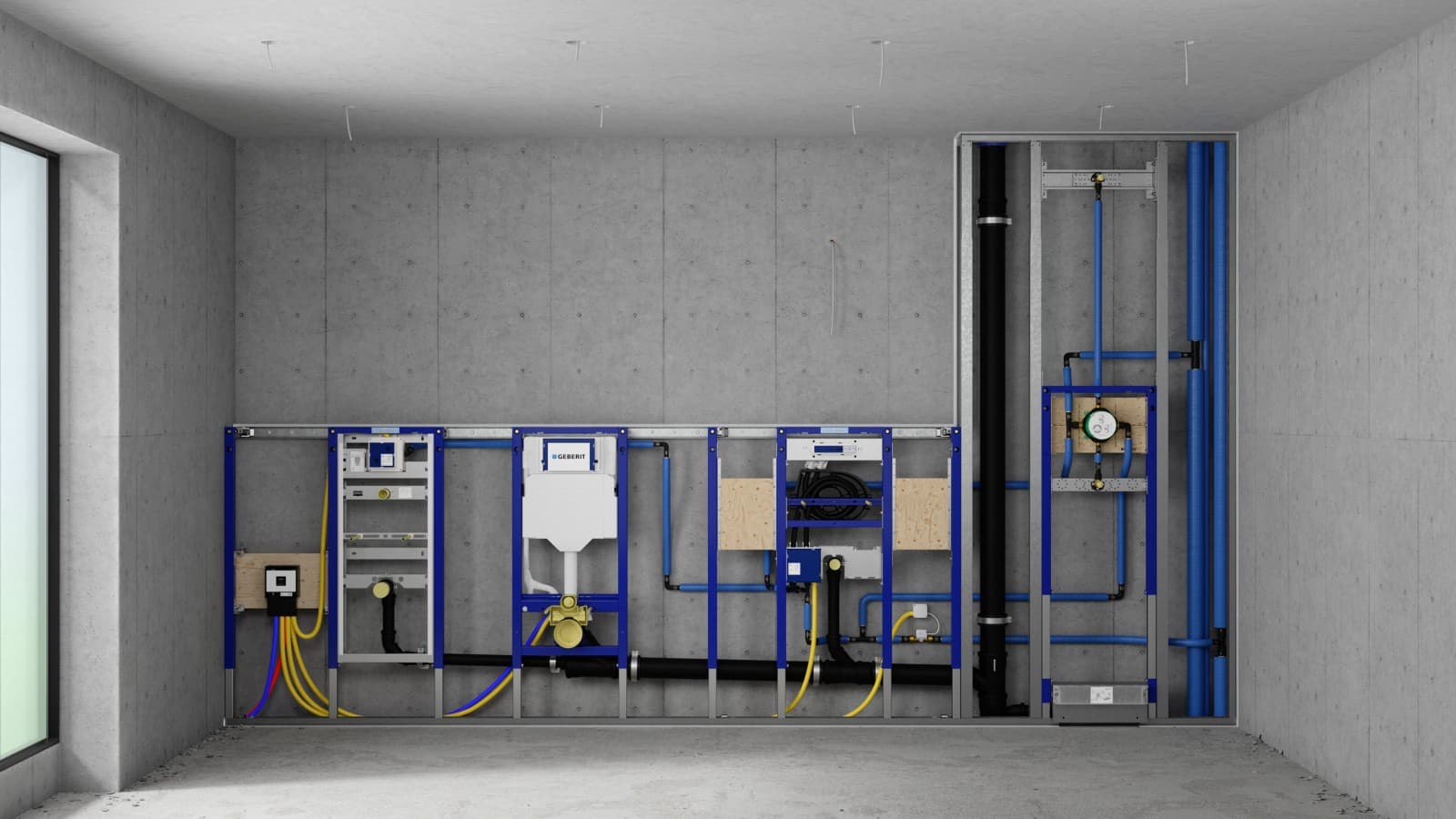 Installationswand mit Geberit Duofix Elementen für Urinal, WC, Waschtisch und Dusche Installationswand mit Geberit Duofix Elementen für Urinal, WC, Waschtisch und Dusche